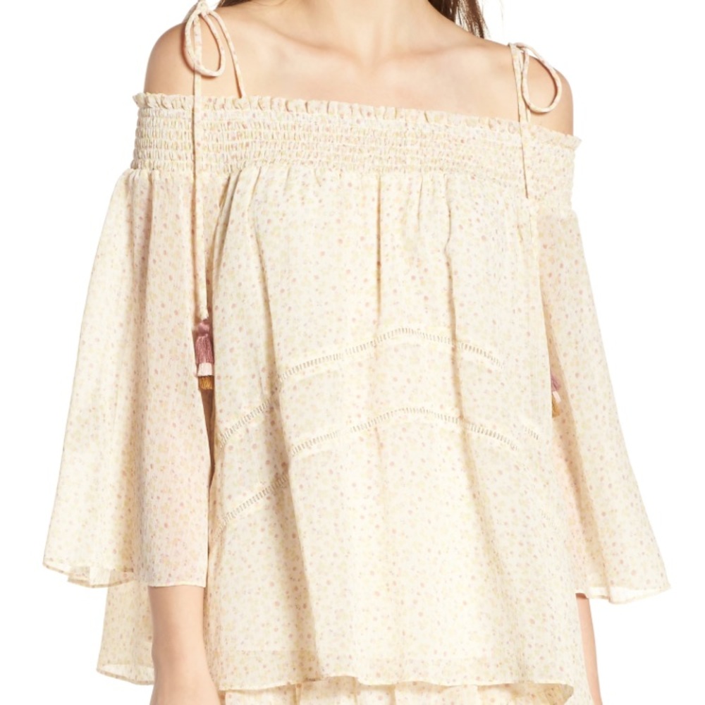 Rebecca Minkoff Strappy Off Shoulder Smocked Flowy Boho Top Tassel Tie Blouse - Picture 3 of 8